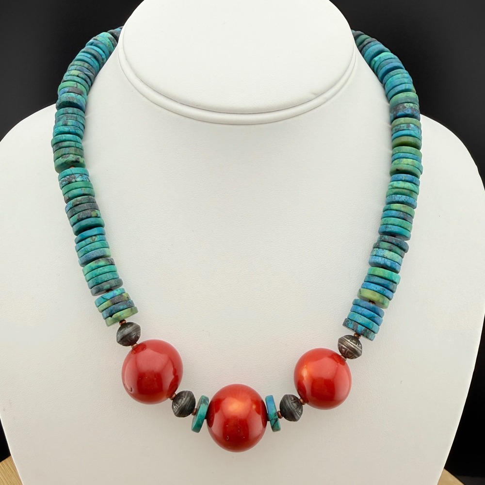 Vintage Necklace Turquoise Heishi Red Coral Style Beads Boho